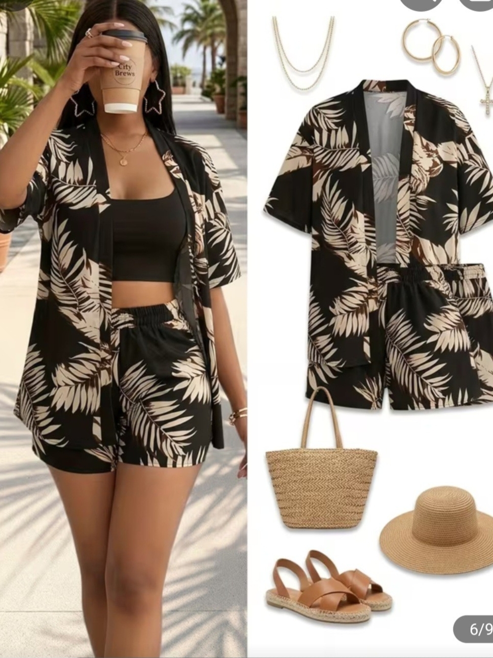 Black Tropical Leaf Women's Swim Cover-Up Set by